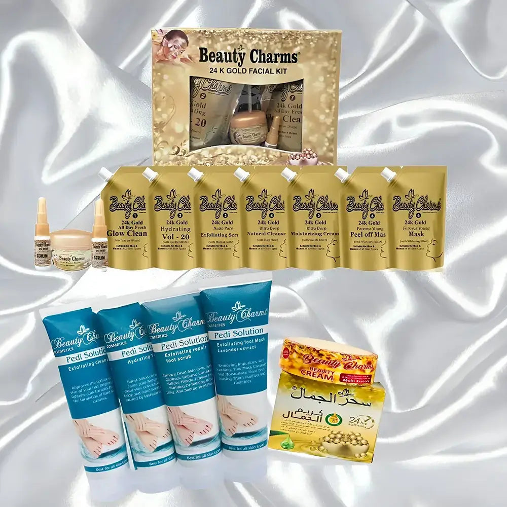 Complete skincare bundle of 24K gold facial kit, beauty cream and meni pedi kit