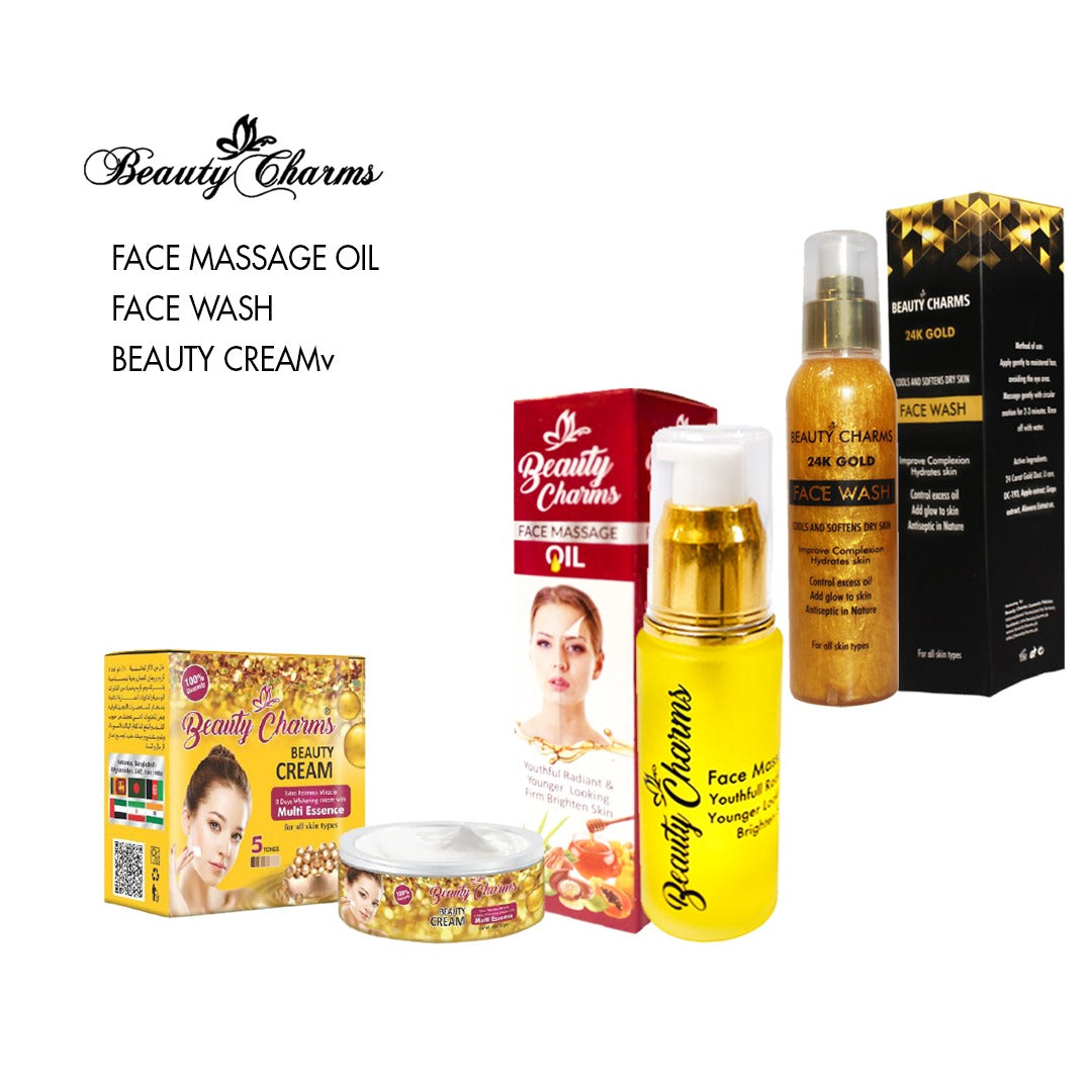 Combo of Face Massage Oil, 24k Gold Face Wash and Beauty Cream