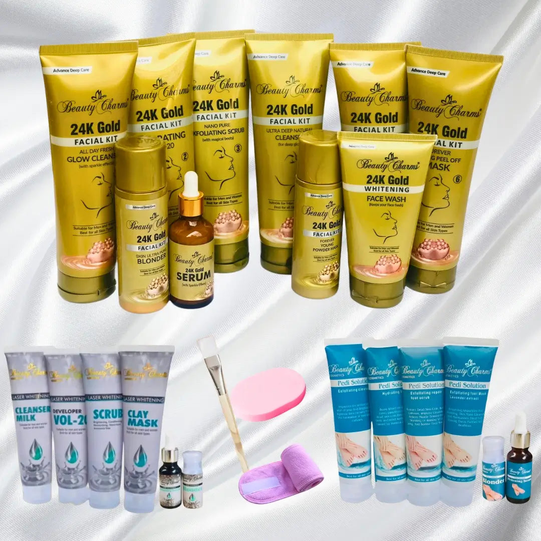  Bundle of Porfessional Gold Facial Kit, Laser Whitening Facial and Meni Pedi Kit