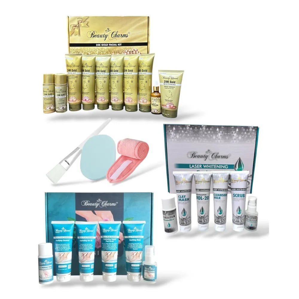 Pack of 3 - Porfessional Gold Facial Kit, Laser Whitening Facial Kit and Meni Pedi Kit