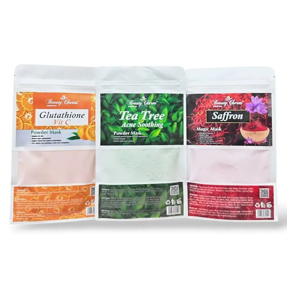 Pack of Saffron Magic Mask, Tea Tree Anti Acne Powder Mask, and Glutathione Vit. C Powder